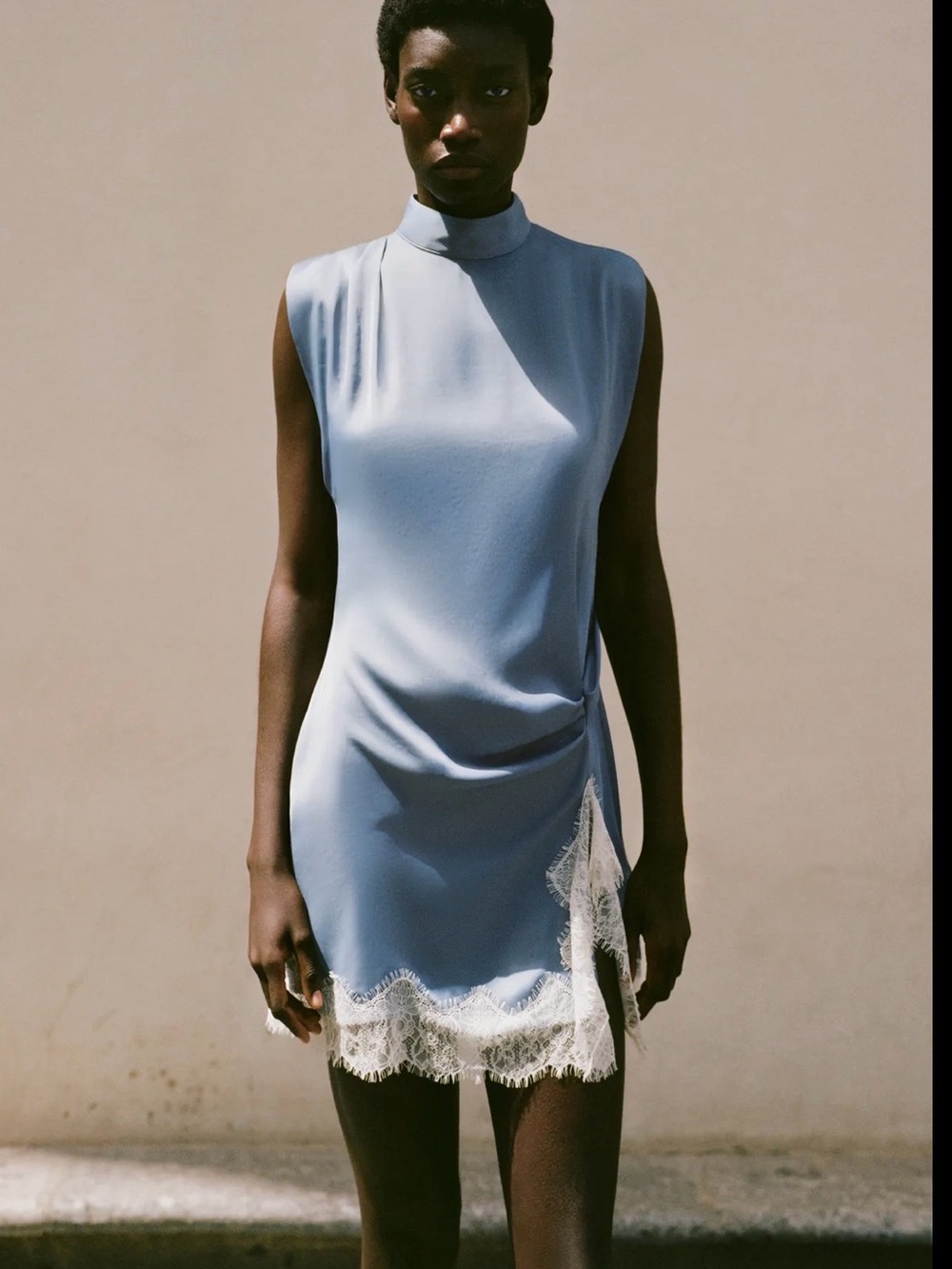 Zara Light Blue Satin Mini Dress with White Lace Trim